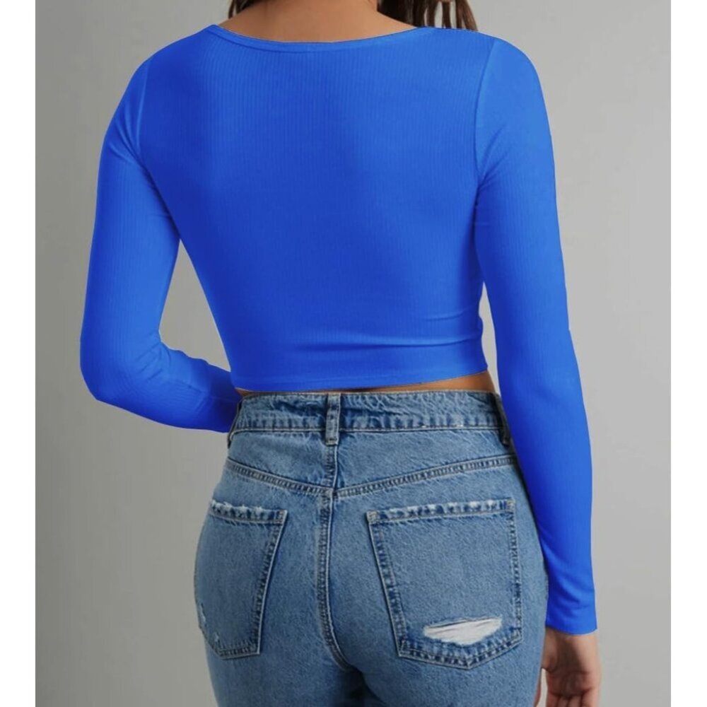 Women's Crop Tops Blue Slim Fit Notch Ribbed Classic Long Sleeves Scoop Neck - Picture 2 of 5